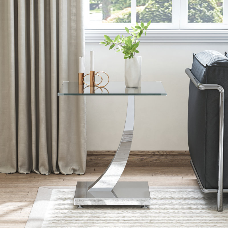 Table de bout à plateau en verre 23,62 po avec base courbée, Argent argent
