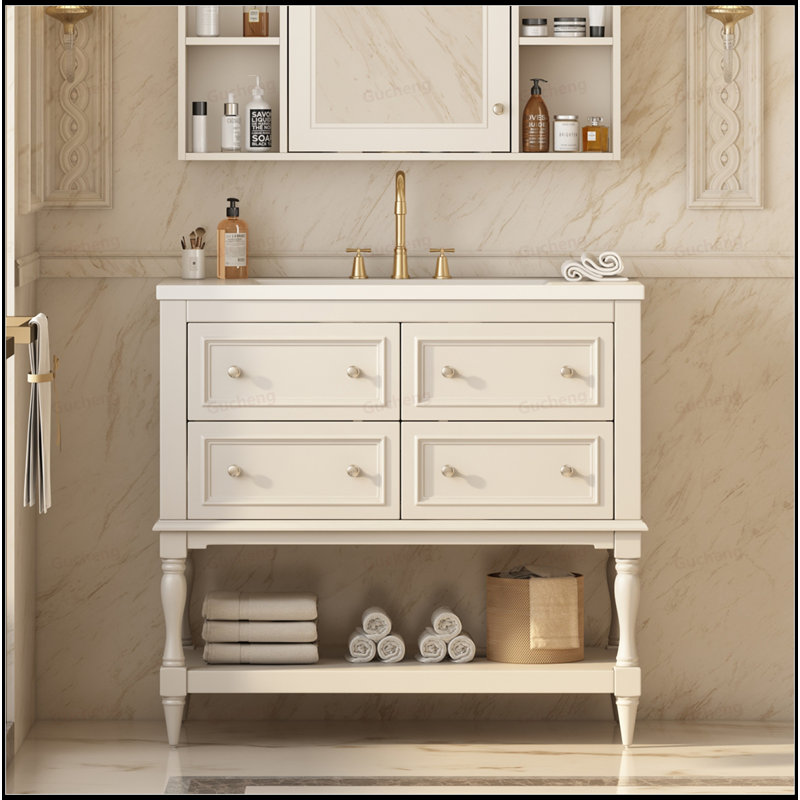 Armoire de meuble-lavabo sur pied 36 po avec lavabo encastré en céramique 36 po, Beige