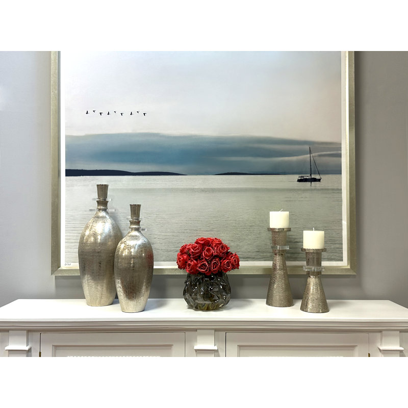 Dried Rose Arrangement in Wavy Glass Vase, Red, Gray