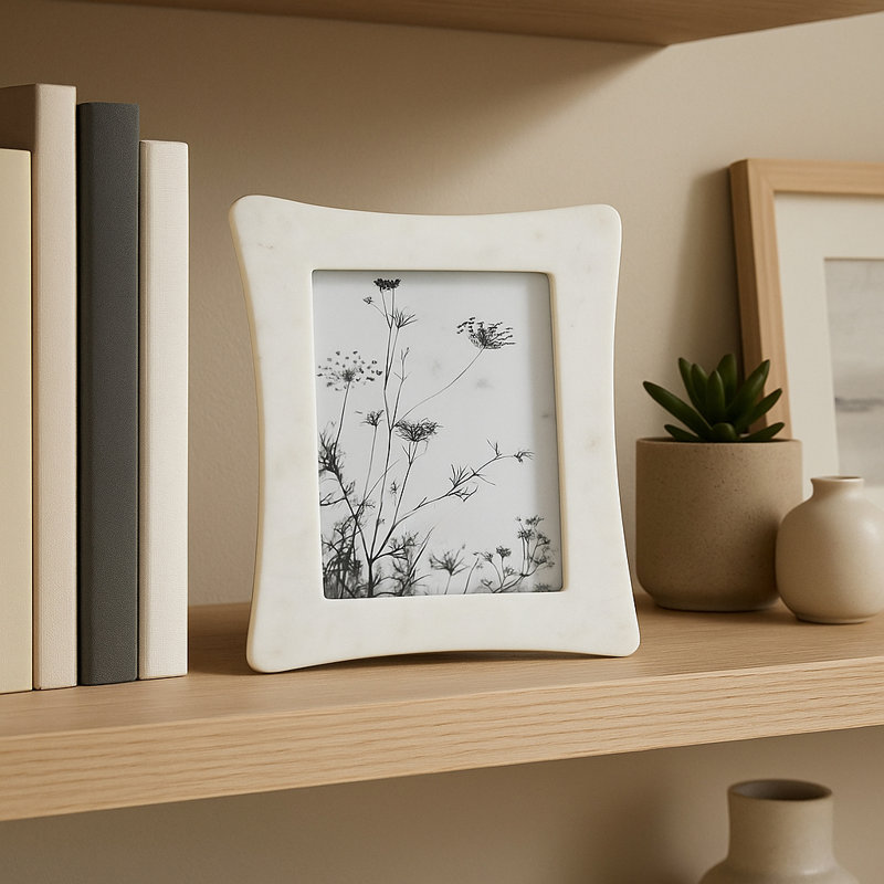 Cadre photo décoratif rectangulaire en marbre avec bords incurvés - Cadre photo élégant pour table d'entrée ou décor de salon - Blanc 