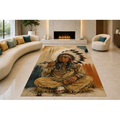 Tapis « ultra-léger » de grande taille (200 cm x 300 cm) à motif de chef tribal assis, idéal pour le salon, la chambre et le bureau. Moquette douce à poils courts avec envers antidérapant en silicone, brun et beige.