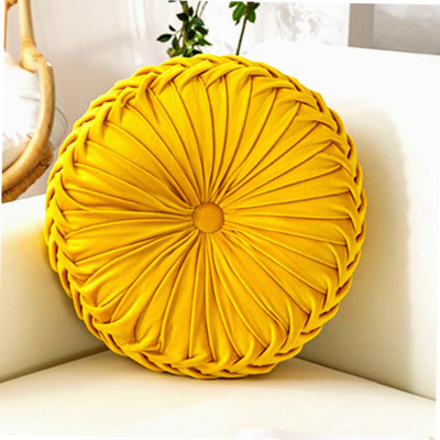 Yellow Velvet Round Pleated Pumpkin Cushion - Pure Color Sofa Pillow for Home Bed & Car Decoration - Soft & Stylish Round Cushion