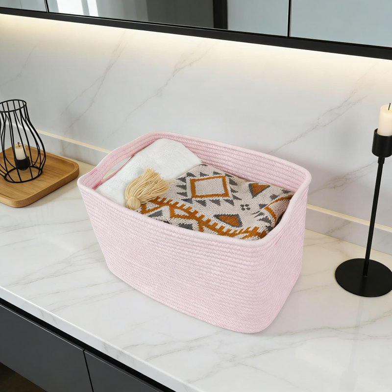 Woven Cotton Rope Storage Basket With Handles, Rectangle Organizer Bin For Shelves, Closet, Nursery, Toys, Books, And Home Decor