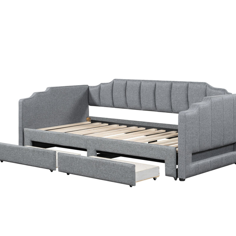Lit de jour simple TG de taille très grand avec fonction extensible, deux tiroirs de rangement à DEL, structure en bois de pin revêtue de gris très grand, améliore l'utilité de la pièce
