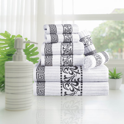Athens Cotton Medium Weight Floral Border Greek Key Trim 8 Piece Assorted Towel Set by 