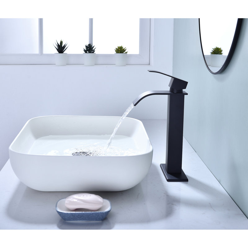 Robinet de lavabo pour salle de bain à poignée simple Waterfall Spout, noir mat, acier inoxydable avec bonde escamotable sans trop-plein