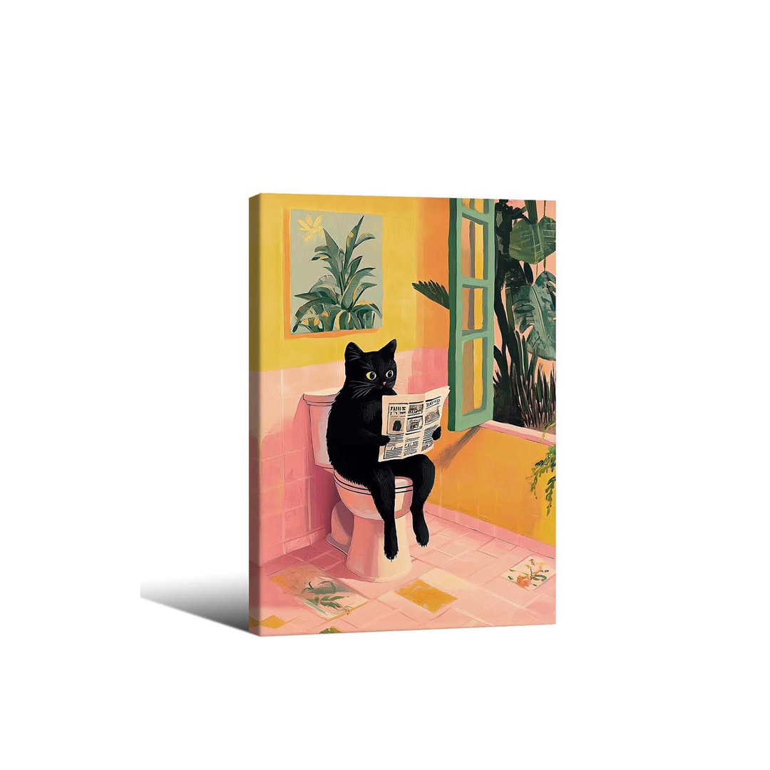 Funny Cat Bathroom Wall Art Cat Sitting On Toilet Reading Newspaper Posters 24X36inch