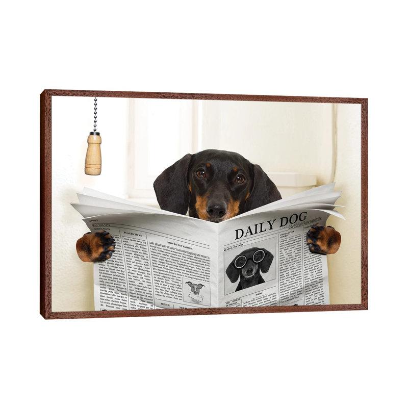 Dog On Toilet Seat Reading Newspaper III - Print on Canvas, Classic Brown Wood Framed, 66.04 cm H x 45.72 cm W