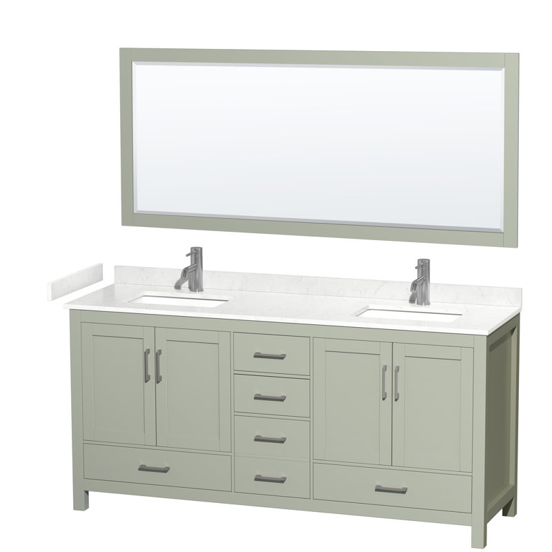 Sheffield 72" Double Bathroom Vanity with Mirror, Carrara Cultured Marble, Light Green, 72"