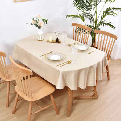 Oval Hemstitch Border Tablecloth Neutral Faux Linen Table Cloth Rustic Solid Flaxen Table Cover For Dining Kitchen Party Holiday Home