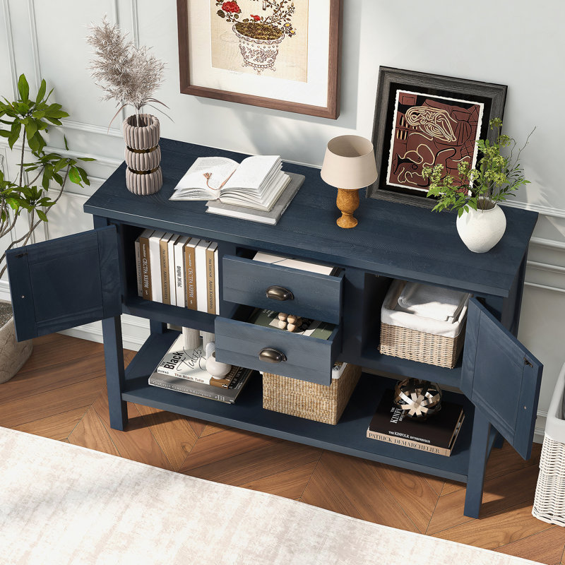 Console de 46 po en bois massif avec 2 tiroirs, armoires et tablette inférieure, armoire de rangement de style rétro pour salle à manger (bleu marine)