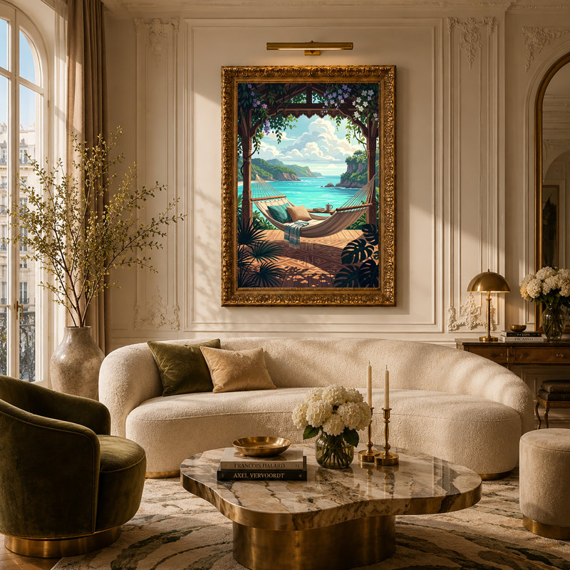 Toile hamac sous une pergola en bois faisant face à l'océan turquoise, 30"H x 20"W