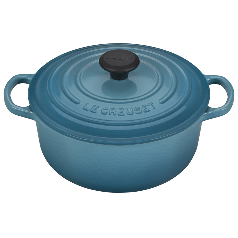 Le Creuset Signature Enameled Cast Iron Round Dutch Oven with Lid, Caribbean/Black, 6.75 quarts