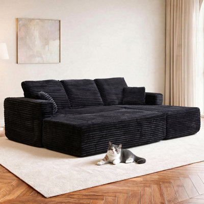 Canapé modulaire de 100,39 po avec méridienne longue, siège modulaire moderne à assise profonde, combinaison libre, aucun assemblage requis, emballage comprimé, ressorts ensachés et mousse, tissu moelleux noir (forme de R)