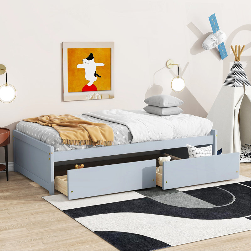 Lit simple avec 2 tiroirs, lit en bois d'hévéa massif, gris, Gris