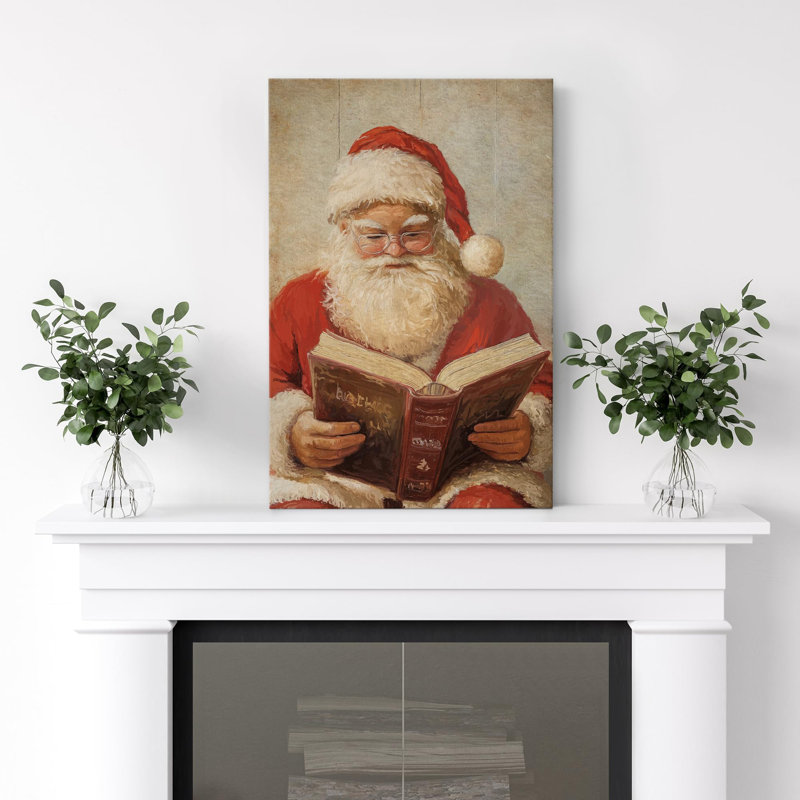 Rouge, père Noël, lecture d'un livre, père Noël traditionnel, décor, illustration, art moderne, chaleureux, Toile tendue