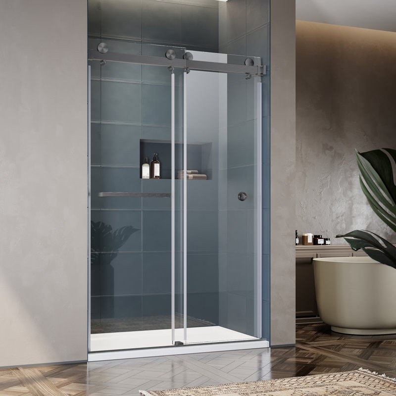 UKD01 50 to 55 in. x 80 in. H Frameless Double Sliding Shower Door with 3/8 in. (10mm) Clear Glass , Space Gray