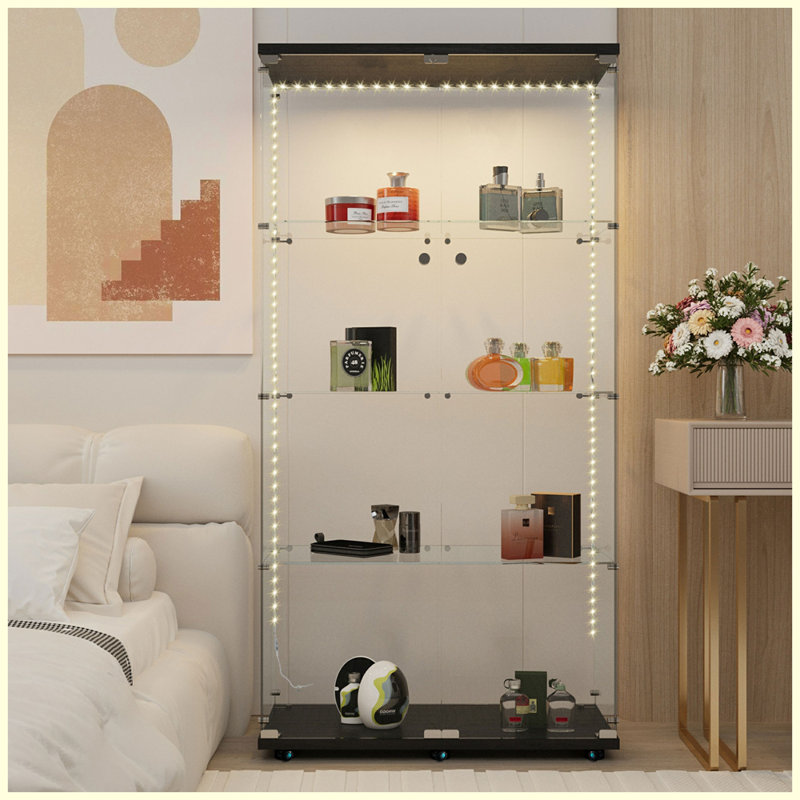 Vitrine moderne en verre trempé avec bande lumineuse à DEL Bluetooth, Noir