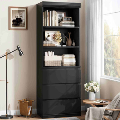 Bibliothèque de 70 pouces avec tiroirs, grande armoire de rangement en bois Farmhouse pour salon, bureau, cuisine, bureau à domicile, noir
