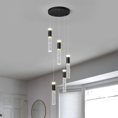 Luminaires suspendus 5 lumières, luminaires suspendus modernes en or noir avec cristal bullé, DEL à intensité variable, îlot de cuisine et salle à manger