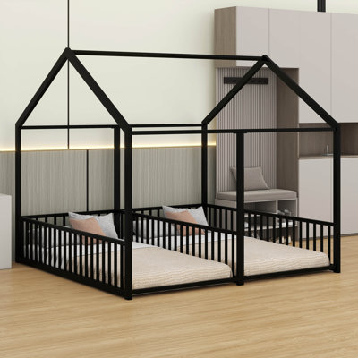 Metal Twin Size House Platform Beds With Guardrails, Side By Side 2 Shared Beds by Harper Orchard