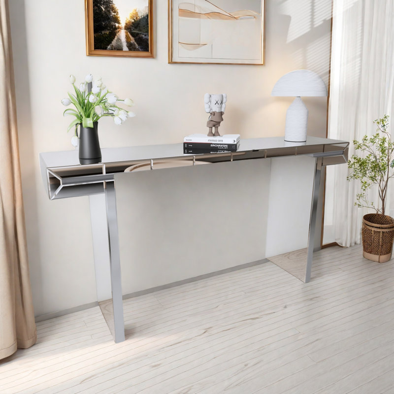 Luxury Full-length Mirror Console Table With Fluted Tempered Glass And Rounded Edge