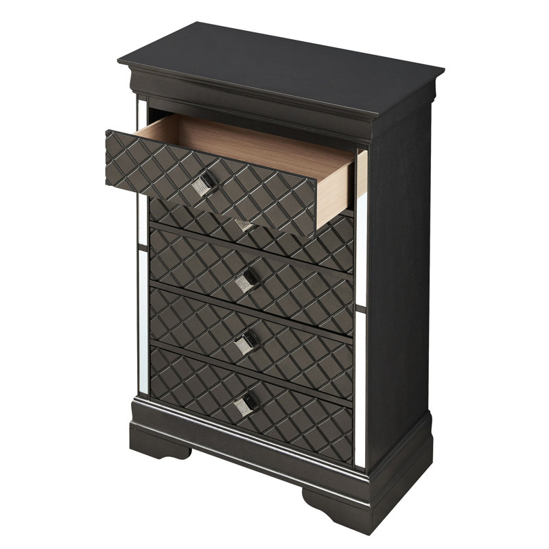 Commode noire G6702 - Tiroir central texturé en métal argenté avec poignées centrales en métal