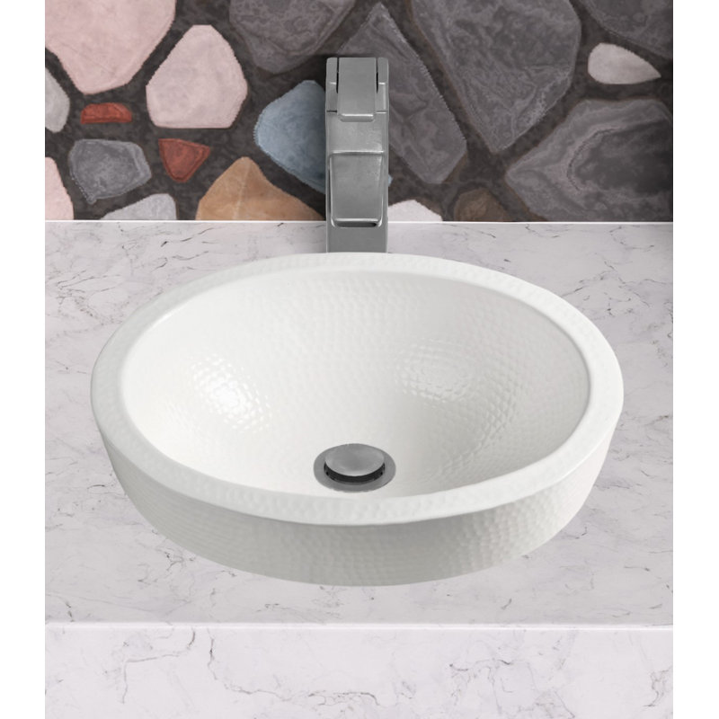 Aluminum Hand Hammered Metal Oval Skirted Bathroom Vanity Sink 17", Classic White