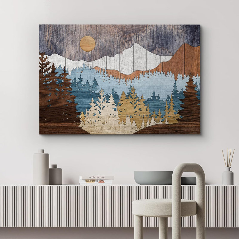 «Western Wood Effect Landscape Abstract Mountain Farmhouse Cabin», impression sur toile encadrée, Toile tendue