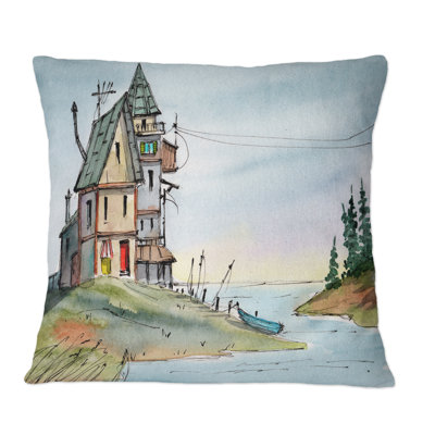 Colourful Old House With A Tower By The Riverside - Nautical & Coastal Printed Throw Pillow
