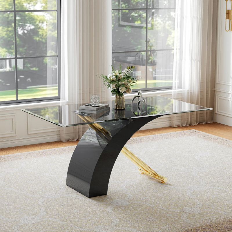 Modern Glass Dining Table Set, 63" Rectangular Tempered Glass Table, X-Shaped Base, 6 Velvet Upholstered Chairs With Nailhead Trim(Set Of 7)