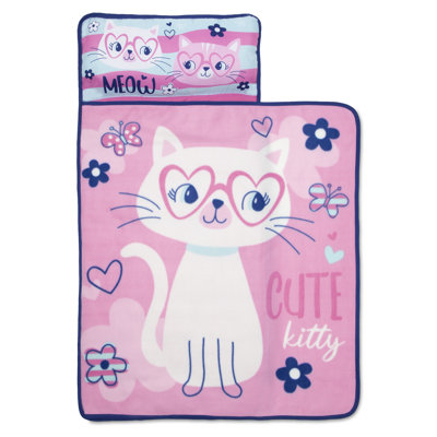 Cute Kitty Toddler Nap Mat - Includes Attached Pillow and Fleece Blanket