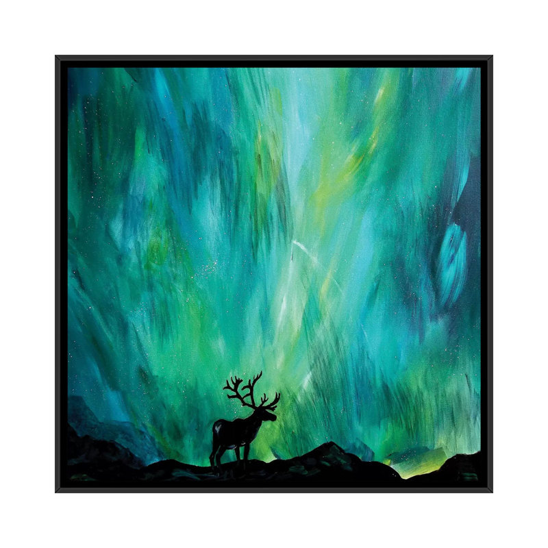 « elk northern lights », impression sur toile, H 18 po x l 18 po x P 1,5 po, Toile avec cadre flottant noir, Pas de tapis