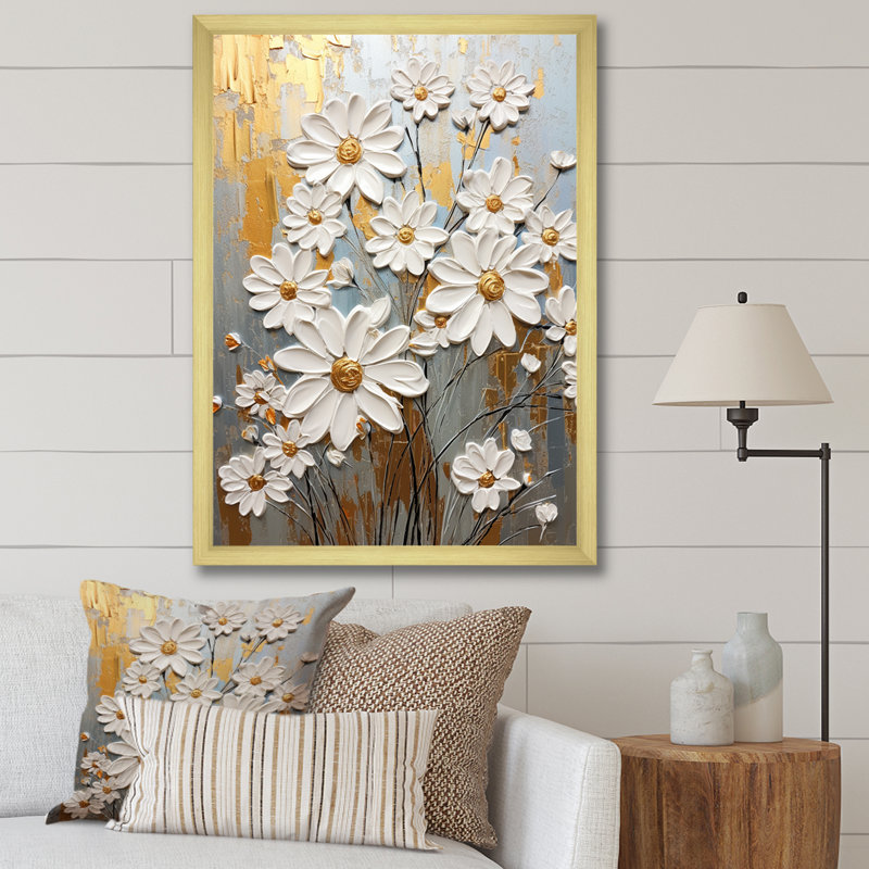 Marguerite blanche et dorée en fleurs élégance - marguerites, impressions sur toile, Cadre doré simple