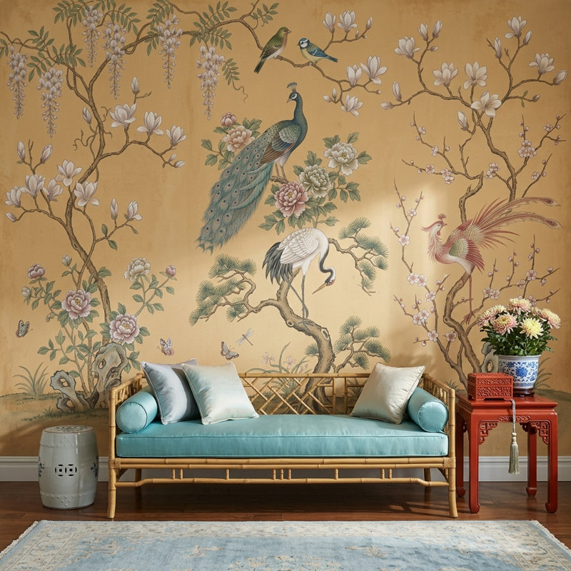 Papier peint oriental chinois avec branches florales et paon amovible, Non tissé, 140 po x 108 po