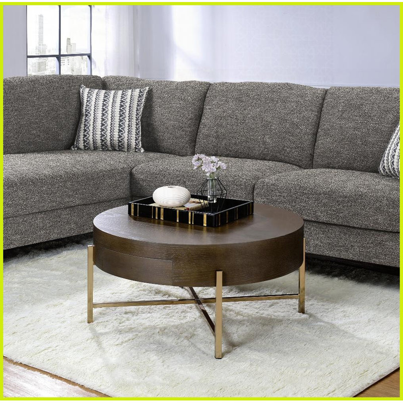 Table basse en forme de tambour brun clair avec base en métal champagne - 1 tiroir pour le rangement du salon
