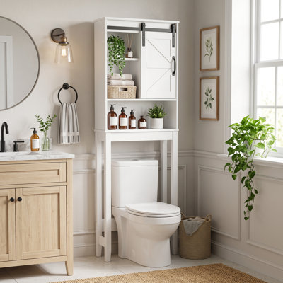 Armoire de rangement autoportante au-dessus de la toilette, rangement de salle de bain de ferme avec tablette réglable et porte de grange