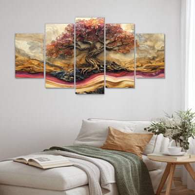 Arbre de vie infini rose doré en marbre doré - art mural arbre de vie - art mural traditionnel pour le salon, 5 pièces