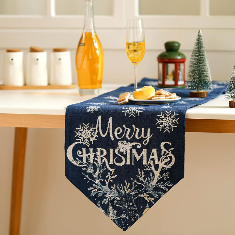 Chemin de table de Noël bleu marine brodé flocon de neige Elk 13 X 70 pouces saisonnier chemin de table de joyeux Noël d'hiver pour la salle à manger