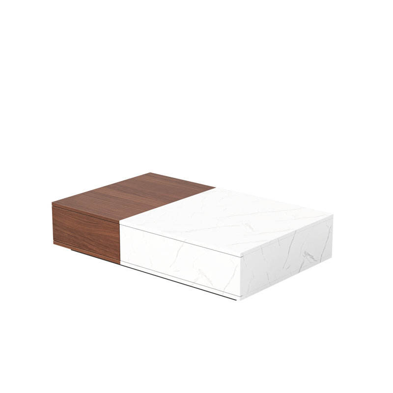 Modern Style Coffee Table With Two Storages In Rectangular Marble Storage Spaces Walnut Design