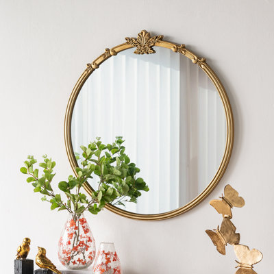 30x31" Round Wall Mirror With Gold Finish And Decorative Leaf Crest