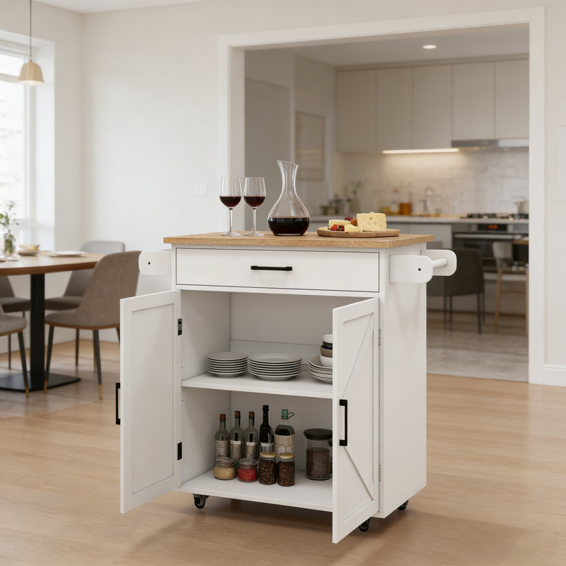 Rolling Kitchen Island Cart with Adjustable Shelves, Towel Rack, Seasoning Rack, and Durable Rubber Wood Top