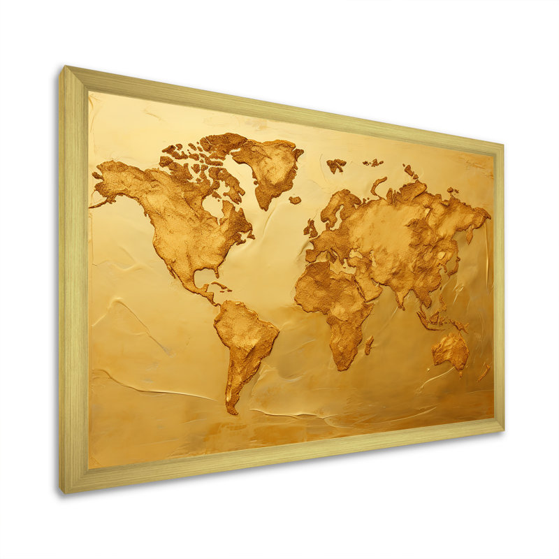 Carte du monde doré, impression sur toile encadrée, H 24 po x l 32 po x P 1 po, Cadre doré simple