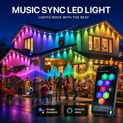 RGBCW IC Permanent Outdoor Eaves Lights, IP67 Waterproof Smart LED Roofline Lighting with 3000K Warm White and 6000K Cool White, Alexa and Google Assistant Voice Control, App and Remote, 16 Million Colors, 75 Scenes and Music Sync