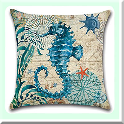 SeaLife Coastal Pillow Covers - Set of 2 Sea Turtle & Sea Horse Cushion Cover - Beach Theme Home Decor - Cotton Linen Pillowcases for Sofa, Patio, Bedroom - Ocean Inspired Design