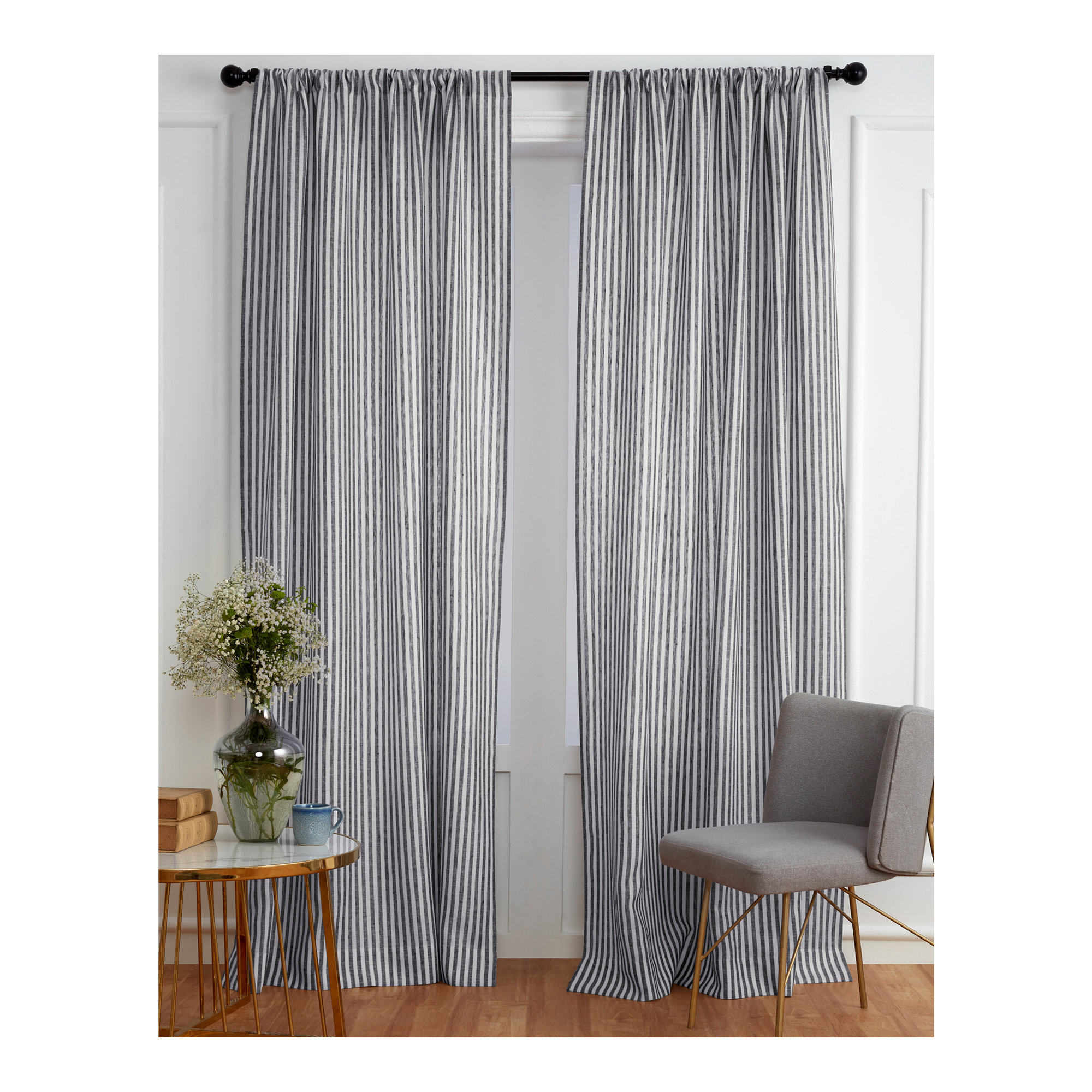  Stripe - 100% Pure Linen Curtain, 52" W x 108" L, Black and White