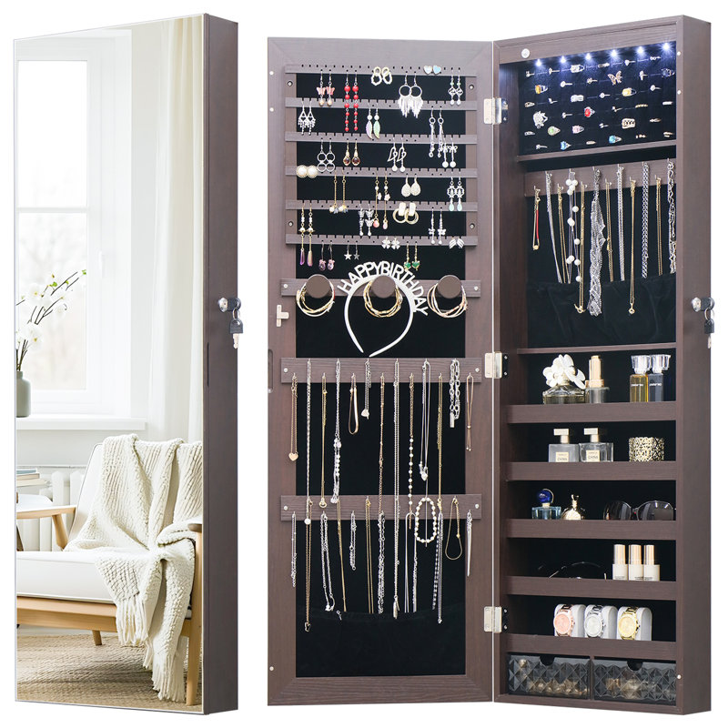 14.5" Wide Jewelry Armoire with Frameless Full-Length Mirror and LED, Brown