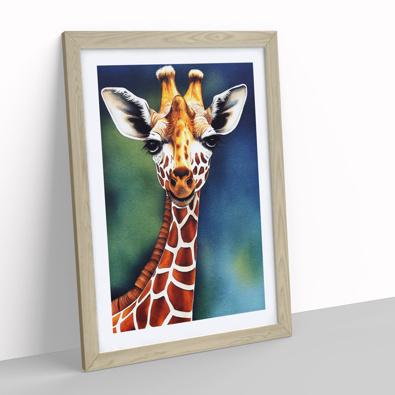 Happy Giraffe - Single Picture Frame Painting, 64cm H x 46cm W x 2cm D, Oak