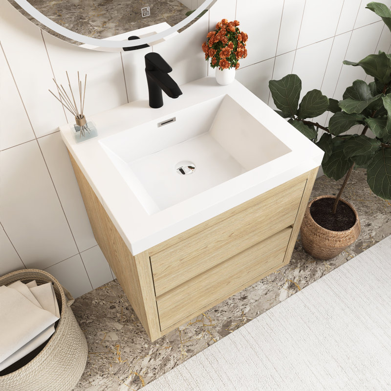 Meuble-lavabo mural 24 po avec lavabo, Bois de chêne naturel