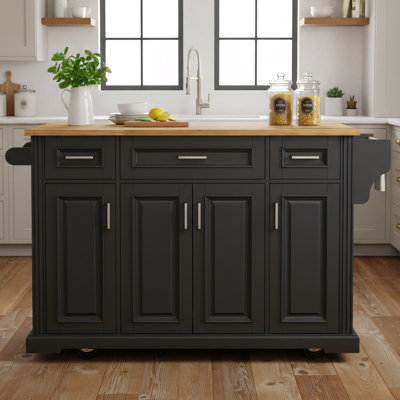 54" Large Traditional Kitchen Island With Rubber Wood Drop Leaf, 4 Doors And 3 Drawers